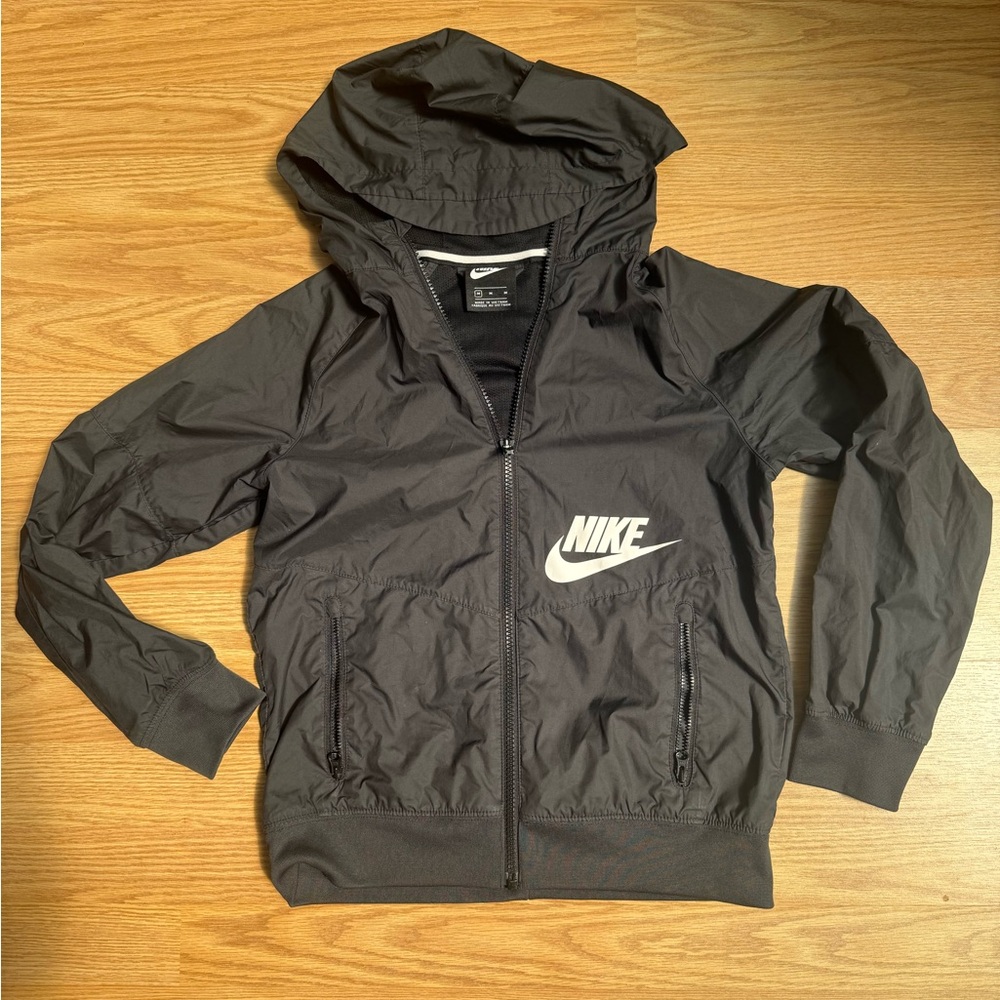 Nike Kids Black Hooded Windbreaker with White Swoosh
